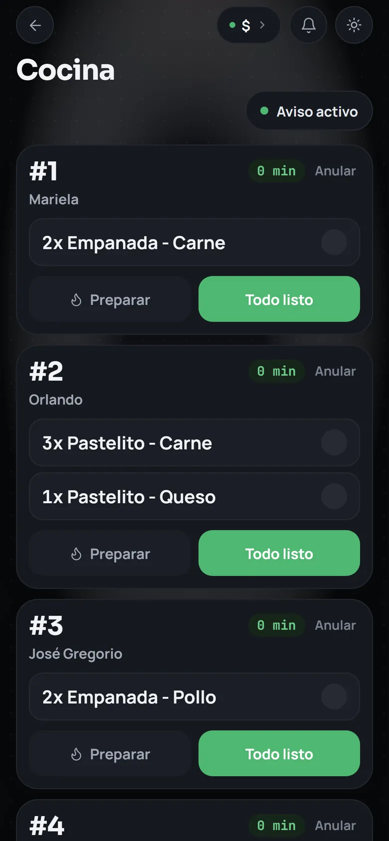 La pantalla de Cocina en el teléfono, con las mismas comandas