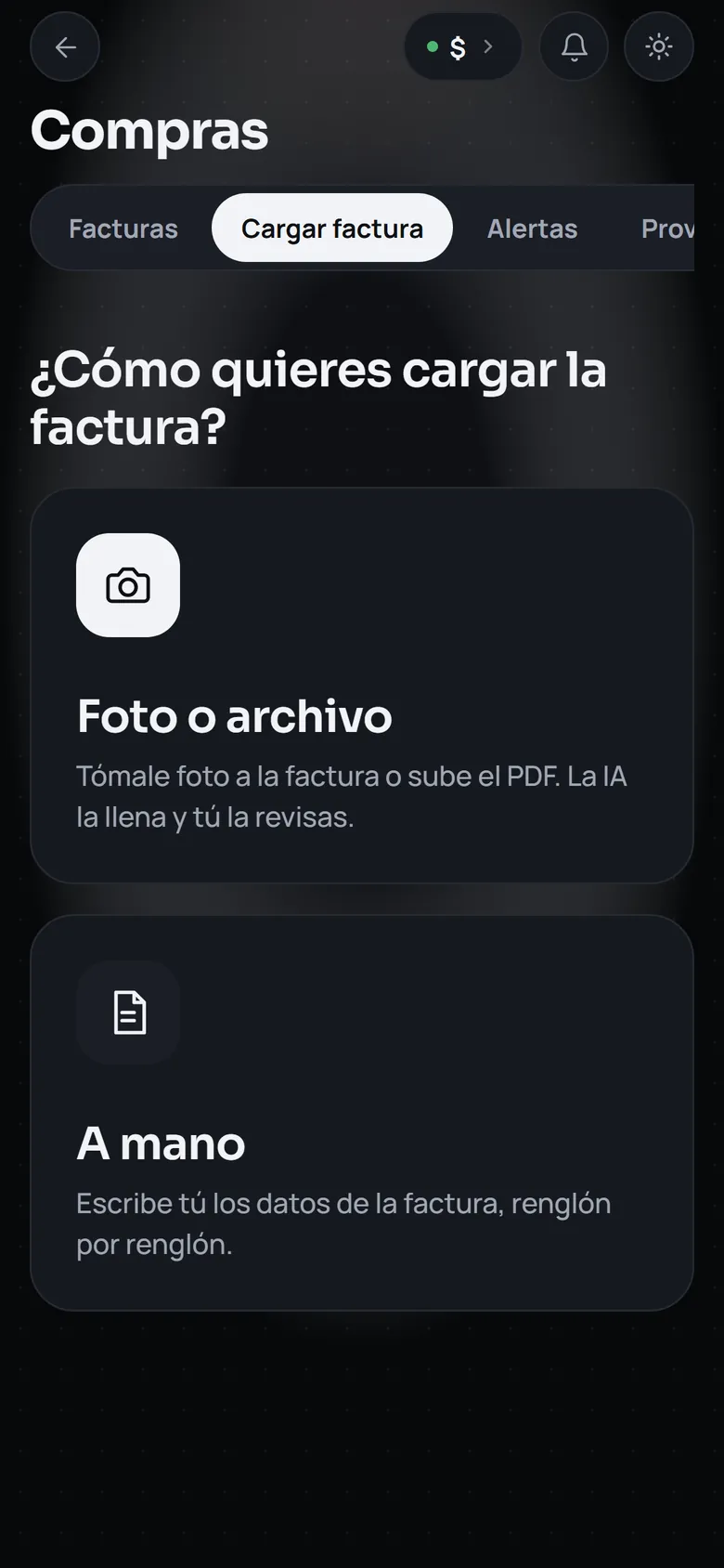 Cargar factura en el teléfono: foto o archivo, o a mano